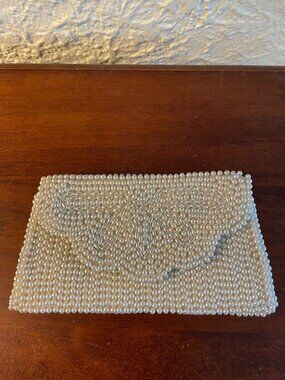 Vintage Faux Pearl Beaded Envelope Clutch Evening Bag Wedding Bridal